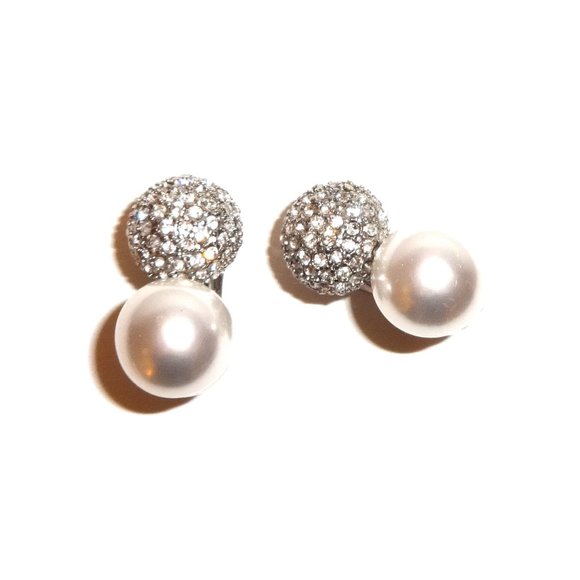 KENNETH JAY LANE, SILVER PAVE CRYSTAL AND PEARL PIERCED EARRINGS - Picture 1 of 2